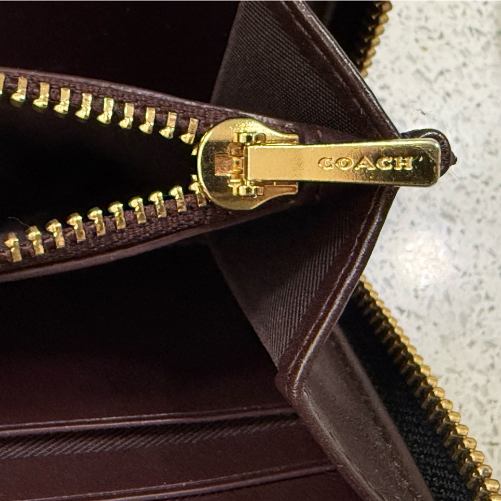 Coach Dark Brown Leather Monogram Gold Hardware Zippered Wallet - Picture 6 of 13